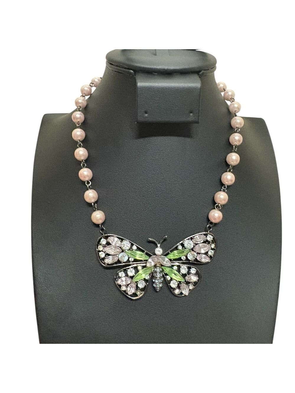 Butterfly necklace pink pearls green white blue gems statement piece glamour EUC